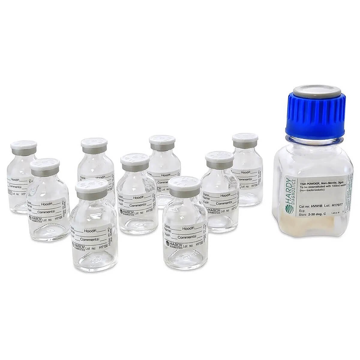 HardyVal HVH1 high-complexity CSP media-fill challenge kit with nonsterile TSB powder bottle and nine sterile 20 mL vials